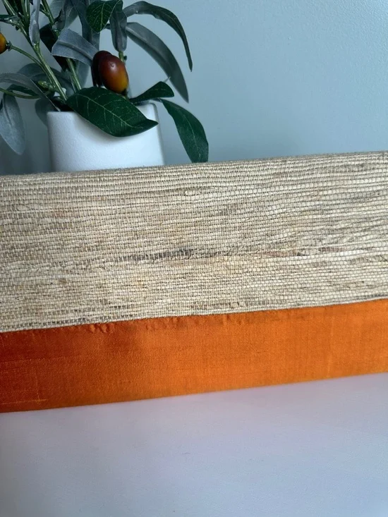 Handmade Vintage Woven Straw Coastal Clutch Orange Silk Boho Beach Resort Bag - Picture 7 of 10
